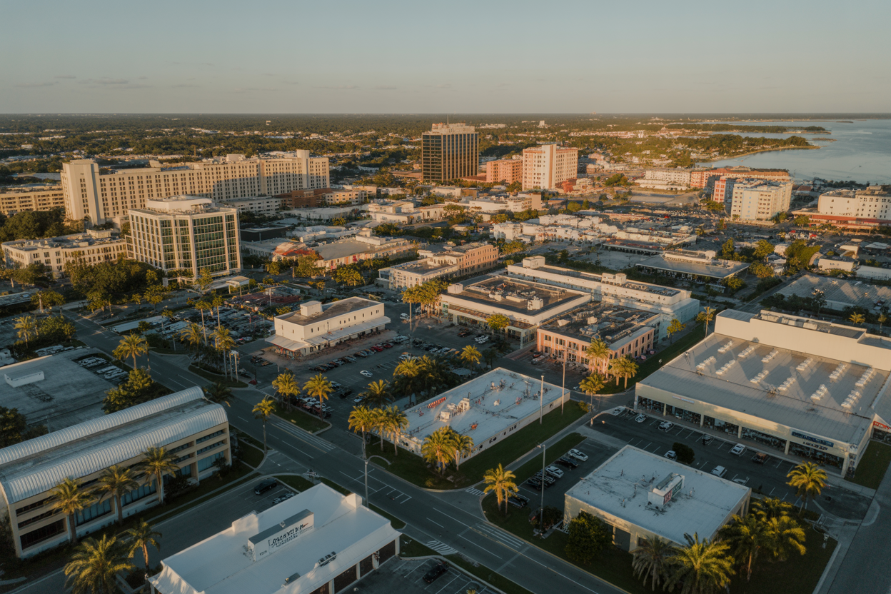 Aerial view of diverse Florida commercial real estate district at golden hour
