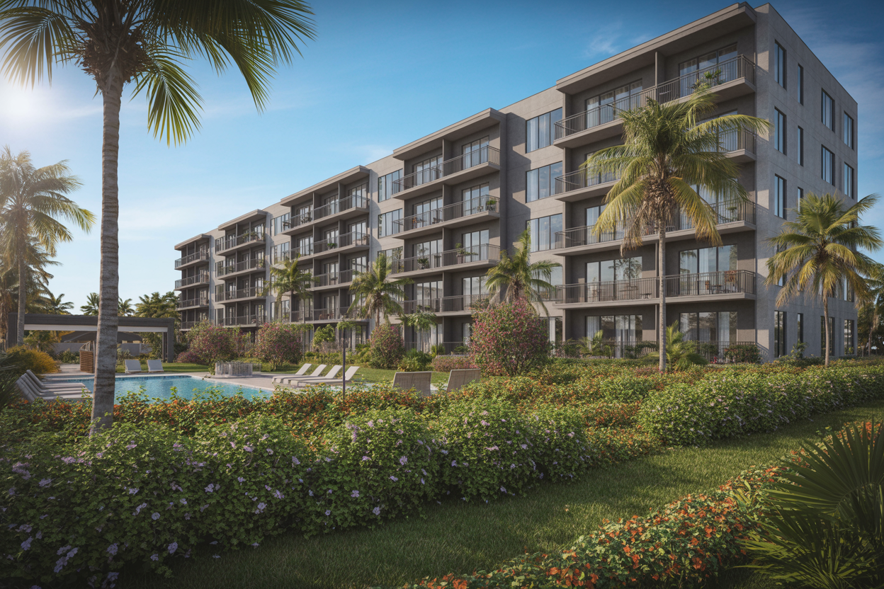 Modern Florida multifamily apartment complex with tropical landscaping and pool